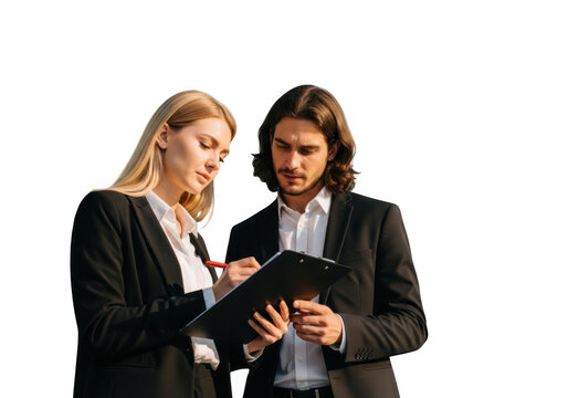 Two business colleagues reviewing documents together on a transparent background isolated on transparent background - Powered by Adobe