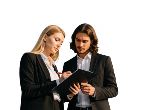 Two business colleagues reviewing documents together on a transparent background isolated on transparent background - Powered by Adobe