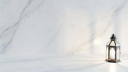 A solitary illuminated lantern casting long shadows across a pristine white marble background, symbolizing hope and tranquility
