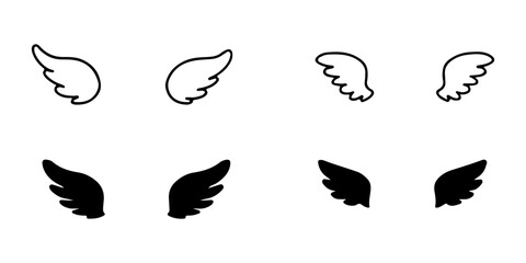 Wing icon vector set. Black and outline stylized left right wing symbols for logo, design, and art projects.