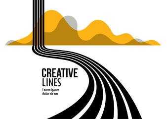 3D black and white lines in perspective with yellow elements abstract vector background, linear perspective illustration op art, road to horizon. © Sylverarts