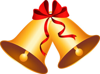 Golden wedding bells adorned with a vibrant red ribbon, symbolizing celebration and union.