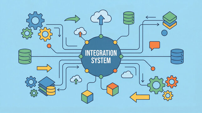 Integration system diagram showing cloud databases gears arrows and data flow connections for enterprise software architecture workflow