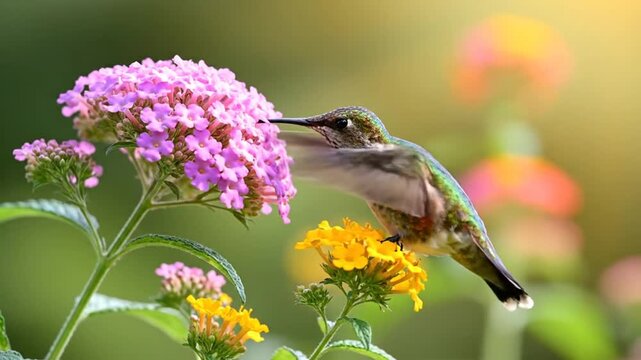 Ruby throated Hummingbird Feeding on Vibrant Purple Butterfly Bush Flowers in Golden Sunlight