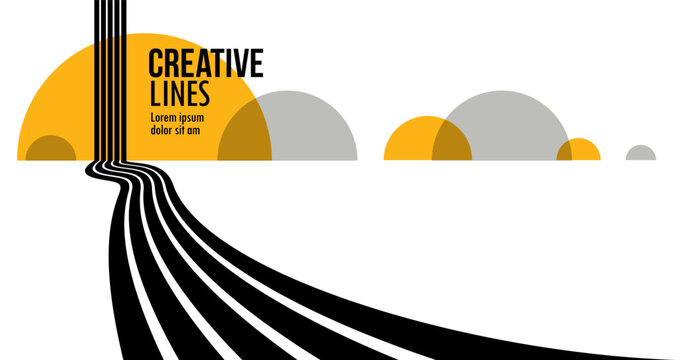 3D black and white lines in perspective with yellow elements abstract vector background, linear perspective illustration op art, road to horizon.