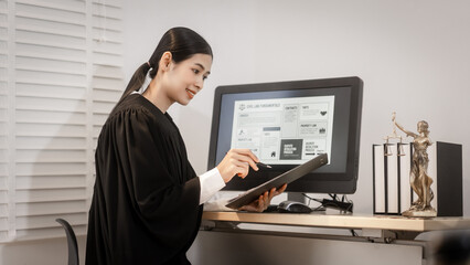A dedicated Asian female legal professional in judicial robes examines contracts and digital data, representing the modern convergence of civil and cyber law.