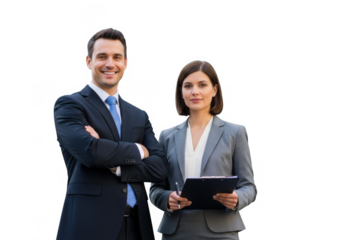 Confident business man and woman standing together isolated on transparent background