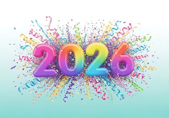 Colorful rainbow balloons forming the year 2026 surrounded by festive confetti and streamers