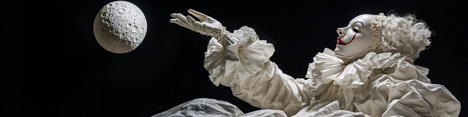 Pierrot reaches for the moon in bright light against a black background.