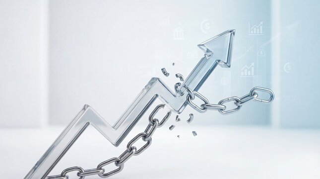 Business growth breakthrough concept with metallic chain breaking apart revealing upward arrow symbolizing freedom and financial success