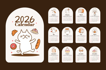 2026 bakery cat calendar featuring adorable cat mascot with pastries for each month. Charming illustration for planner design and home decor.
