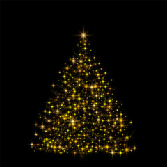 Golden Sparkling Christmas Tree. Gold glitter light affect