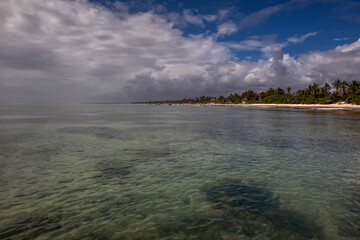 Beautiful white sand beach. Beach in Zanzibar. Sunny day. Blue sky. Colorful sea.	
