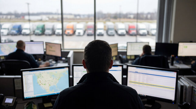 Logistics dispatch control center with operators monitoring fleet tracking systems on multiple screens overlooking truck parking yard