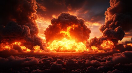 A dramatic explosion lights up the sky in vivid colors. This artwork captures a powerful moment of chaos and energy. The scene evokes emotion and urgency. Perfect for creative projects. AI