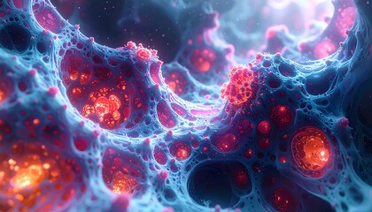 Abstract organic structure of red, orange, and blue hues forming a porous and interconnected network with light shining