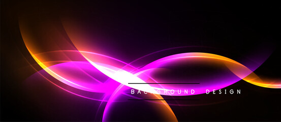 Abstract dynamic waves, vibrant purple, orange glow. Modern design element, dark background creates dramatic effect. Smooth curves suggest movement.