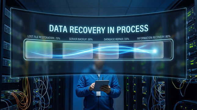 Data recovery in process display showing server backup database repair and file restoration percentages in technology center control room