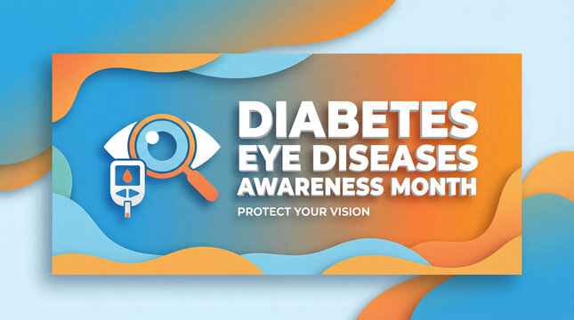 Diabetes eye diseases awareness month banner with magnifying glass examining eye and glucose monitor for vision protection campaign