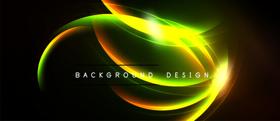 Abstract neon lights form curved shapes. Vibrant colors blend, creating dynamic background design. Dark space emphasizes luminosity.