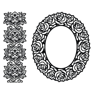 Vector Floral Ornament Set: Seamless Mandala Border and Rose Oval Frame Template