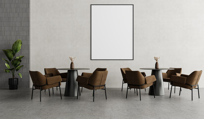 Warm Wooden Dining Interior with Large Wall Art Frame, Round Tables and Woven Texture Chairs