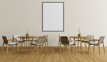 Minimalist Japanese-Style Dining Interior with Large Framed Wall Art, Light Wood Furniture and Round Tables