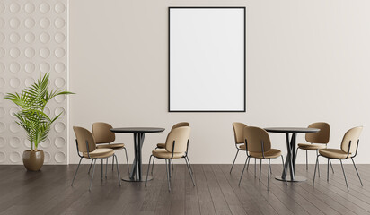Modern Café Interior with Large Wall Art Frame, Taupe Chairs and Black Round Tables