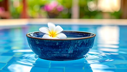 A flower floats in a blue bowl on a blue tiled surface with out-of-focus greenery in the background
