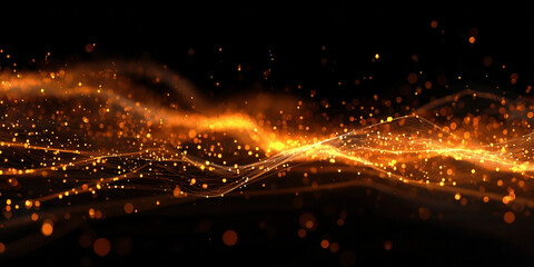 Obraz premium Abstract golden particle waves flowing in motion against a dark background, creating a glowing futuristic landscape with shimmering light, dynamic energy, and elegant digital waveforms