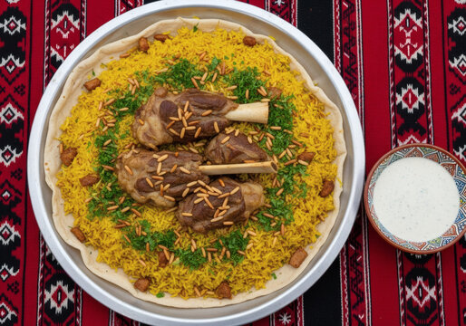 Authentic Jordanian Mansaf Lamb Rice Platter On Traditional Bedouin Rug