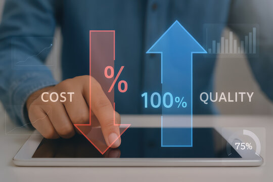 Cost reduction and quality improvement are essential for business success. This illustrates balance between cost and quality, emphasizing importance of optimizing both aspects