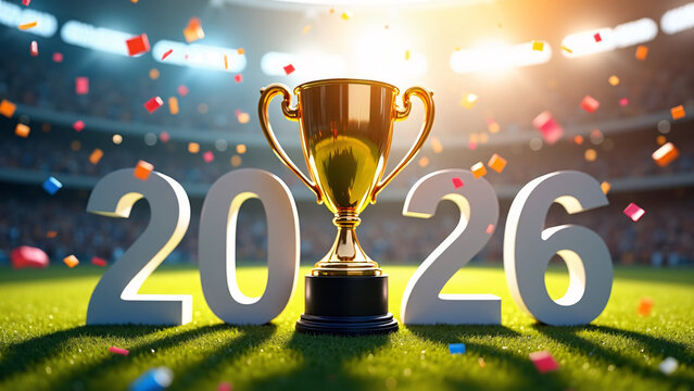 Golden trophy gleams between bold &ldquo;2026&rdquo;&mdash;stadium lights, falling confetti, and cheering crowd evoke triumph, anticipation, and the radiant energy of future global celebration.
