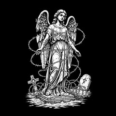 Gothic Angel Statue with Barbed Wire and Cemetery Elements.