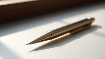 ballpoint. Elegant metallic pen lying on a smooth surface, capturing minimalist office sophistication with subtle reflections. pitch deck slides.