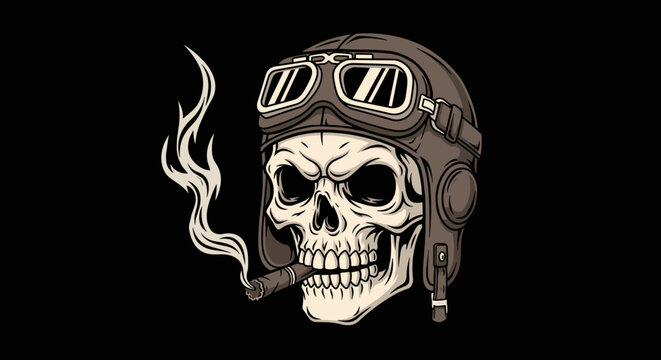 Skull Wearing Aviator Helmet Smoking Cigar With Smoke.