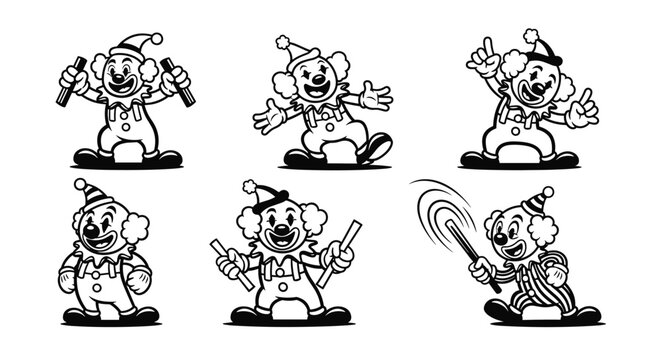 Set of six vintage cartoon clowns performing various actions.