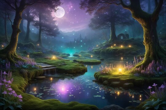 Verzauberter See bei Nacht mit schimmerndem Mond und magischer Atmosph&auml;re im Wald