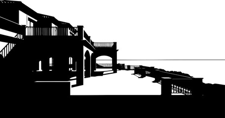 coastal echoes a modern villas silhouette against the infinite horizon, isolated on transparent background
