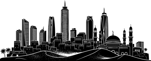 crescent cityscape modern towers and ancient faith in desert sands, isolated on transparent background