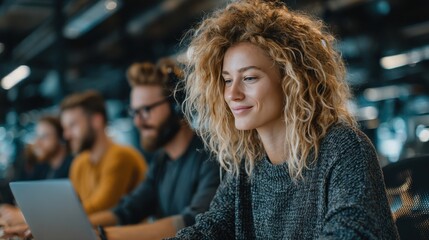 Young media relations manager develops brand strategy with diverse creative team in contemporary office