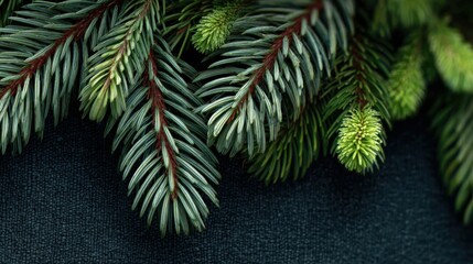 Creative evergreen tree branches creating a nature Christmas concept with a flat lay look, captured in a high quality realistic seasonal aesthetic