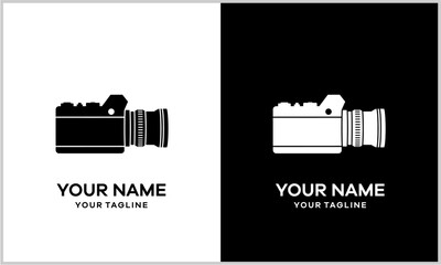 Modern camera logo design featuring black and white silhouettes on contrasting backgrounds with customizable text.