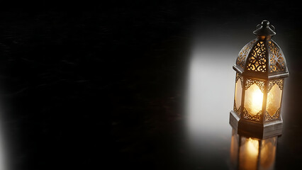 An ornate vintage Islamic lantern casting a warm golden glow on a reflective surface against a mysterious dark black background