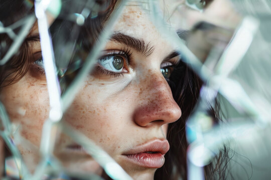 Mujer mirando a trav&eacute;s de cristales rotos