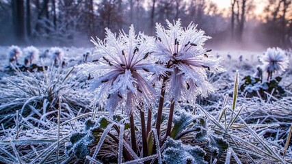 Frozen winter flowers covered in delicate frost crystals on a cold meadow creating a serene seasonal nature landscape during sunrise. Frozen flowers glowing in winter sunrise. - Powered by Adobe