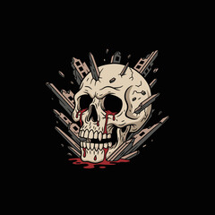 A macabre skull with blood dripping from its eye sockets and mouth.