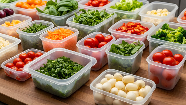 Organized meal prep containers filled with fresh vibrant vegetables ready for cooking
