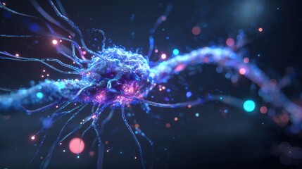 A vibrant, abstract depiction of a neuron with glowing connections, representing neural activity and the complexities of the brain.