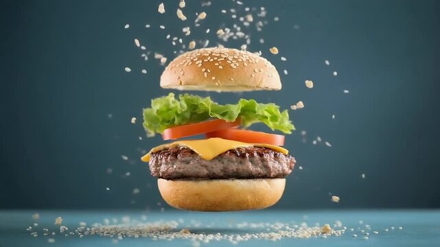 Deconstructed Gourmet Burger Ingredients Floating in Layers with Flying Sesame Seeds